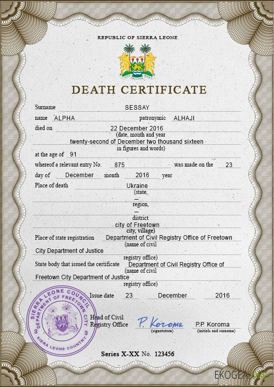 Modèle PSD de certificat de décès de l'état civil de la Sierra Leone